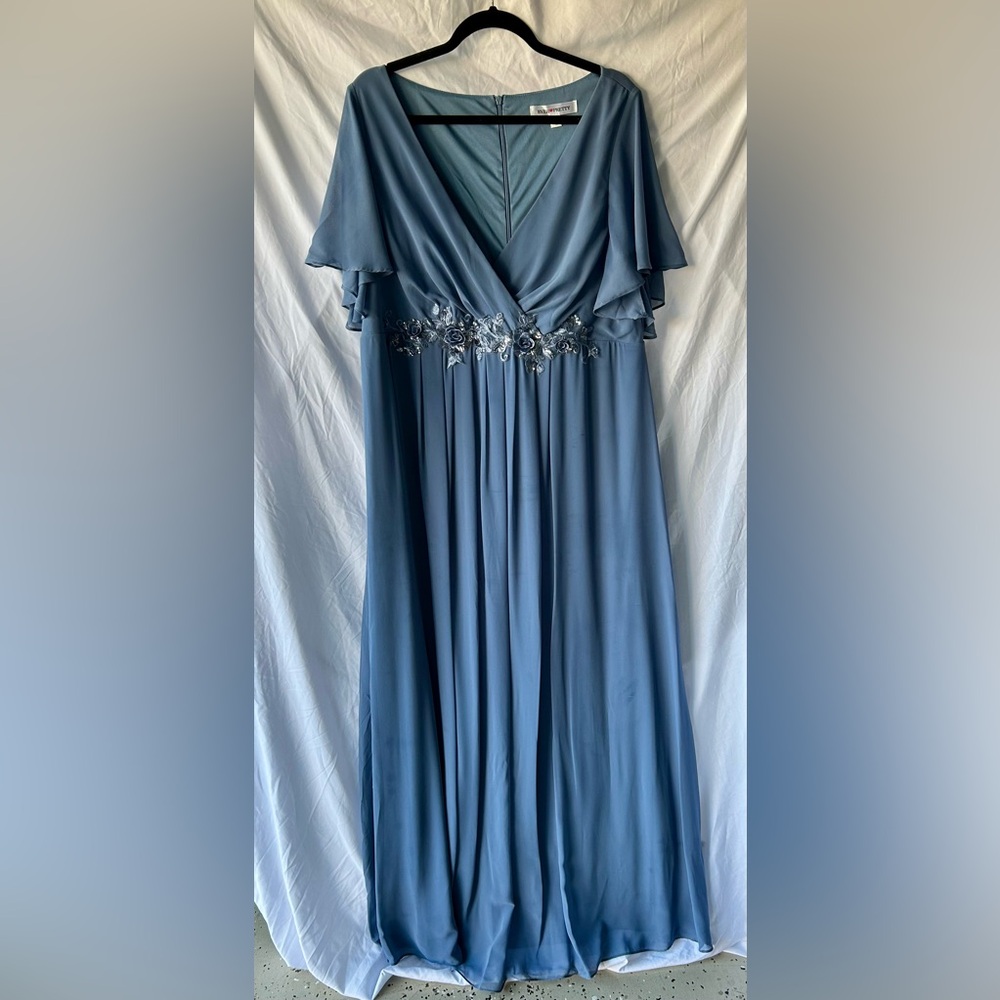 DUSTY BLUE Ruffles Sleeve A-Line Chiffon Waist Applique Maxi Formal Dress